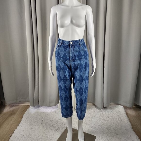 Rue21 Pants - Rue 21 100% Cotton Blue Diamond Check Denim Capri Jeans Pants 5 Pocket Size 12